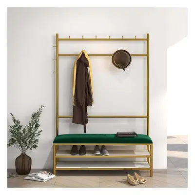 Hallway Hall Tree with Shoe Storage Bench Green Velvet Upholstered Gold Clothing Stand