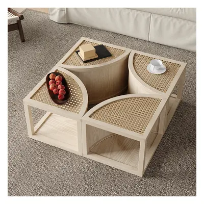 Round to Square Block Modular Coffee Table White Oak Rattan with Storage 4 Piece