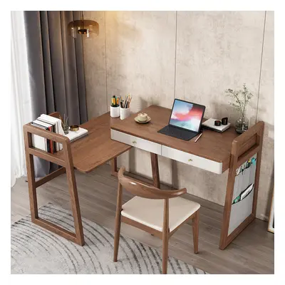 Modern I Shaped Desk Retracted & Extendable Corner Walnut Desk with Storage & 2 Drawers