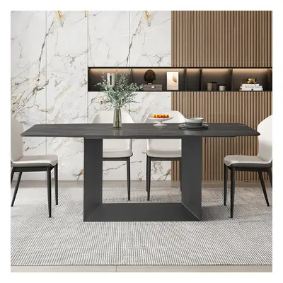 79" Modern Rectangle Faux Marble Dining Table in Black for 8 People