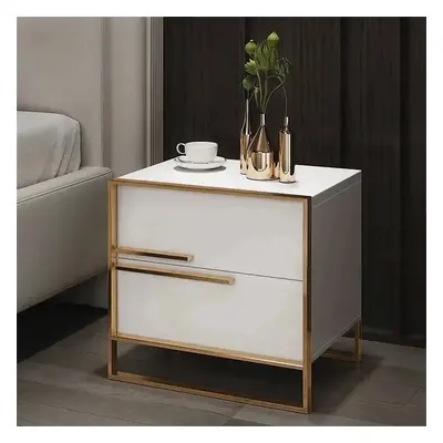 Cylina Modern 2 Drawers White Lacquer Nightstand Square Bedside Table in Gold, Left