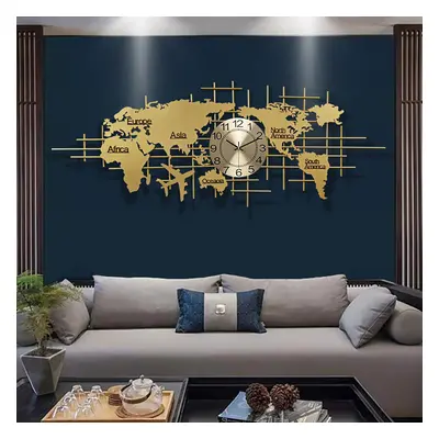 1500mm x 580mm Luxury Oversized World Map Wall Clock Golden Metal Home Decor