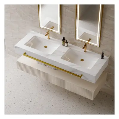 57" White Wall Mounted Double Sink Bathroom Vanity with 3 Drawers Faux Marble Top