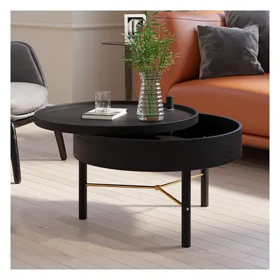 Modern Round Wood Rotating Tray Coffee Table with Storage & Metal Legs in Black