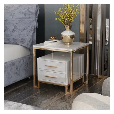 White Side Table with Two-Drawer End Table Stainless Steel in Gold