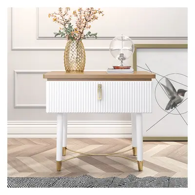 Modern White Bedside Table Wood Top Contemporary Wooden Nightstand with Drawer in Gold