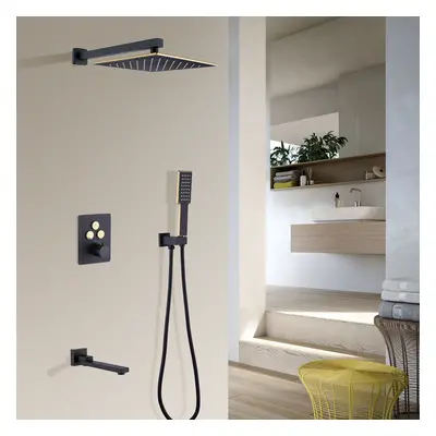 250mm Thermostatic Wall-Mount Rain Shower Set 3-function with Hand Shower Black & Gold