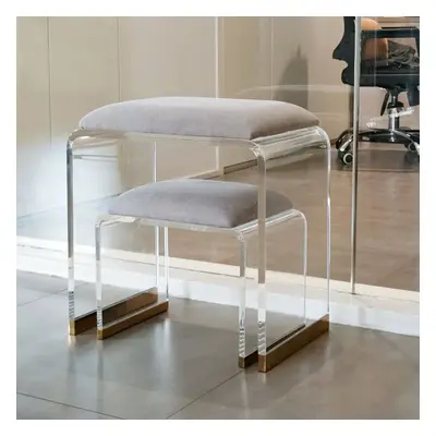 Velvet Upholstered and Acrylic Frame Makeup Vanity Stool Gray and Clear Ottoman