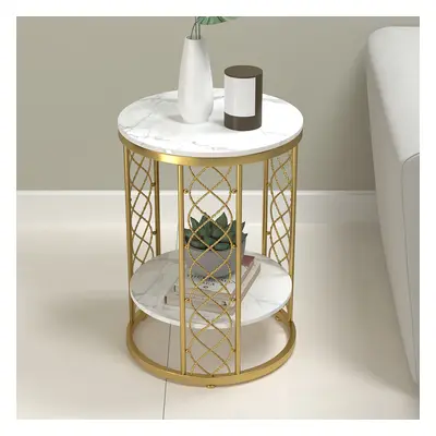 Modern White Round End Table with Storage Marble Side Table Metal in Gold