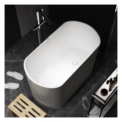 40" Modern Deep Oval Freestanding Matte White Stone Resin Japanese Soaking Bathtub