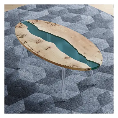 Modern Natural Oval Coffee Table with Solid Wood & Resin Tabletop & Acrylic Legs