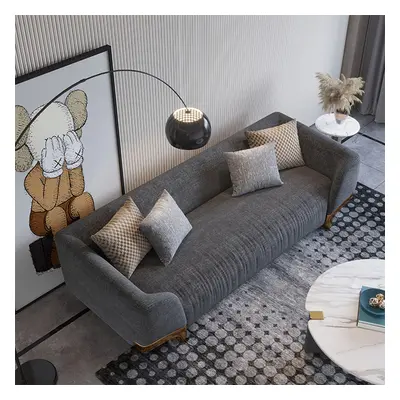 2200mm Grey 3-Seat Cotton & Linen Upholstered Sofa with Pillows Gold Legs