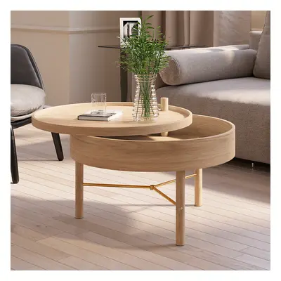 Modern Round Wood Rotating Tray Coffee Table with Storage & Metal Legs in Natural