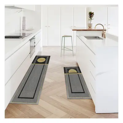 2 Pieces Modern Dark Gray Kitchen Runner Mats Non-slip Geometric Kitchen Rug Set