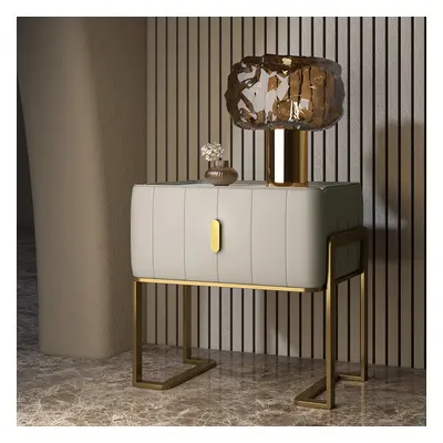 Champagne PU Leather Single Drawer Bedroom Nightstand Bedside Table with Stone Top