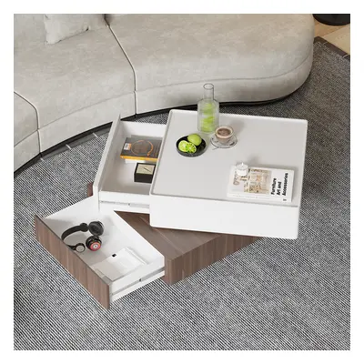 Japandi Square Swivel Rotating Coffee Table with 2 Drawers in White & Walnut