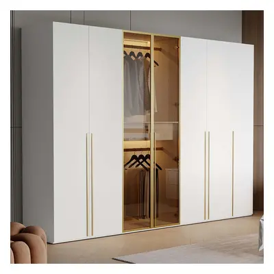 White & Gold Modern Extra Wide Wardrobe with Clear Glass Door Storage with Sensor Light