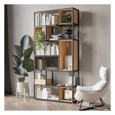 2000mm Modern Black Steel Geometric Bookcase 6-Tier Bookshelf Wooden Tall Book Shelf