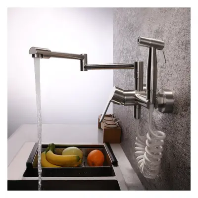 Modern Retractable Wall-mounted Pot Filler Brushed Nickel Kitchen Faucet with Spray