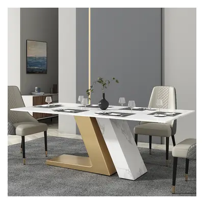 78.7" Rectangle Faux Marble Dining Table for 8 People Affordable Luxury Modern White