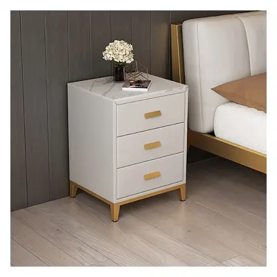 Italian White Sintered Stone-Top Nightstand with 3 Drawers & Stainless Steel Legs in Gold Finis