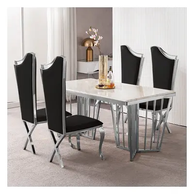 Modern Black Upholstered Dining Chairs Set of 2 High Back Side Chair Silver Legs