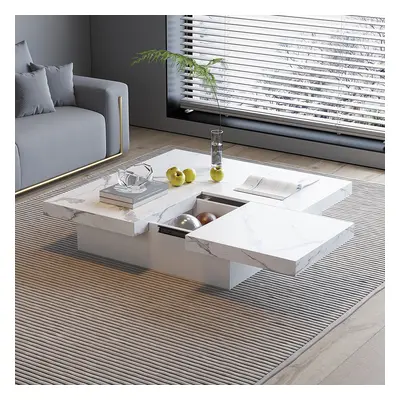 Square Marble Veneer Coffee Table Sliding Top with Storage in White