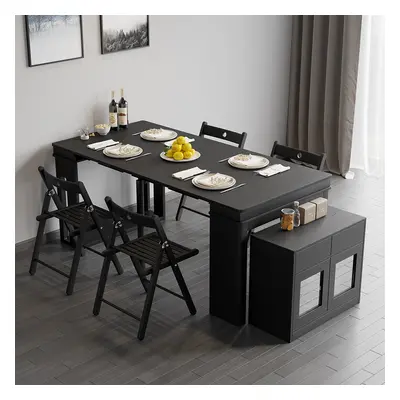 Modern Black Extendable Dining Table Set Rectangle Storage Sideboard with 4 Chairs