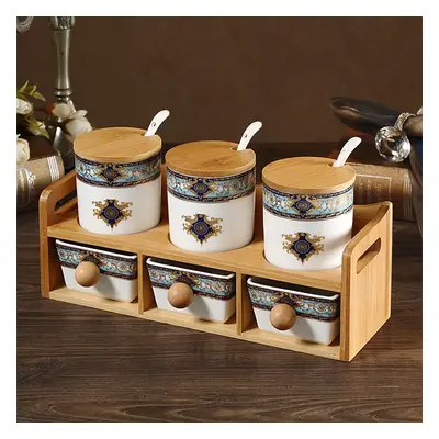 2-Tier 6 Jar Spice Seasoning Jar & Rack Set Ceramic Organizers with Lid in White