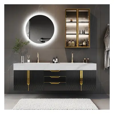 59" Bathroom Vanity Wall Mounted Cultured Marble Top with Double Sink Drawers Black