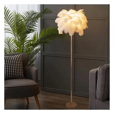 Loftus Art Deco Tree Floor Lamp with White Feather Shade Rose Gold Finish