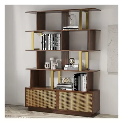 5-Tier Walnut Bookshelf with 2 Drawers Wooden Bookcase in Gold (64.8" High)