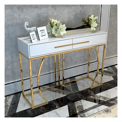 Modern White MDF Top Console Table with Drawers & Gold Stainless Steel Legs for Entryway