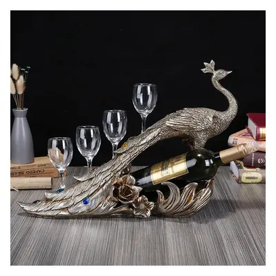 Vintage Peacock Wine Glass Rack Tabletop Wine Bottle Holder in Antique Silver