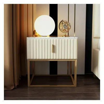 Off White Bedside Table with 1-Drawer Faux Marble Top PU Upholstery 1-Drawer