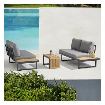 4 Seater Modular Outdoor Teak Sectional Sofa Set with Cushion and Table, 3 PCS Versatile L-Shape