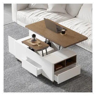 Lift Top Coffee Table Multifunctional Walnut and White Table with Drawers and Shelves