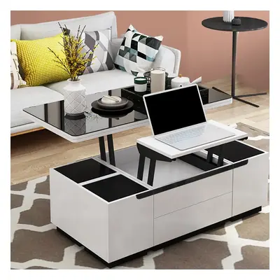 Modern White Lift Top Glass Coffee Table with Drawers & Storage Multifunction Table