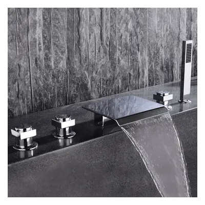 Moda Contemporary Waterfall Deck-Mount 5-Hole Bath Tap with Handshower in Chrome