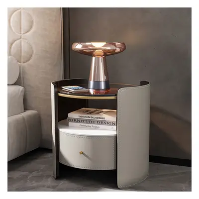 Modern Round Grey Leather Nightstand with Glass Top & Sintered Stone Bedside with Shelf