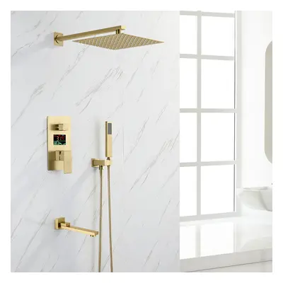 LED Digital Display Brushed Gold Wall-Mount Rain Shower Set 2-function Shower Valve