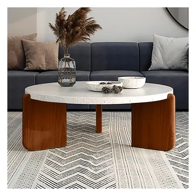 850mm White Round Terrazzo Coffee Table with Pine Wood Legs in Walnut