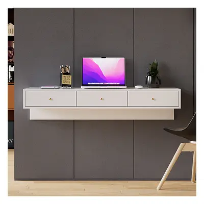 1000mm Modern White Floating Desk with Drawers Wall Mounted Desk in Pine Wood Frame