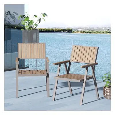 Modern Aluminium & Wood Outdoor Dining Chair Patio Armchair in Natural & Gray (Set of 2)