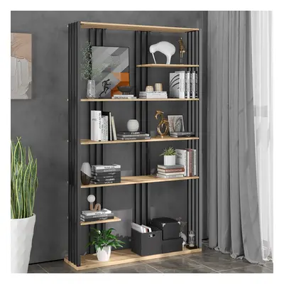 2000mm Modern Natural Etagere Bookcase 6-Tier Bookshelf Display in Black Finish