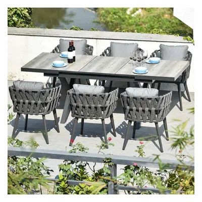 7 Pieces Aluminum Outdoor Dining Set with Extendable Ceramic Top Table Woven Armchair