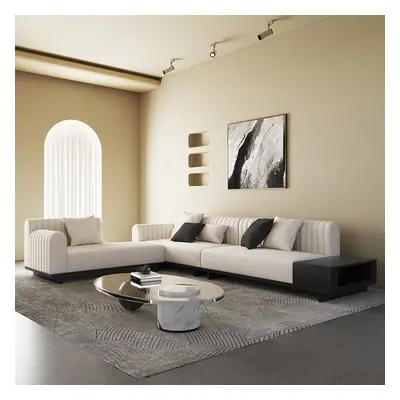 157" Cotton and Linen L-Shaped Sectional Sofa Modern White Sectional with Storage Side Table