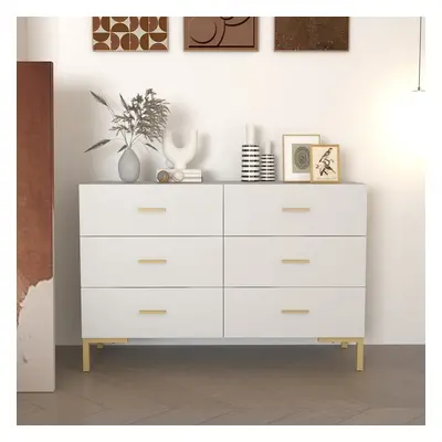 1200mm Modern White Bedroom Dresser 6-Drawer Accent Cabinet in Gold