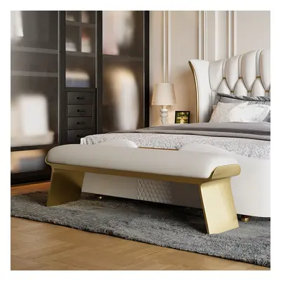 Beige Modern Stainless Steel Bench Leath-Aire Upholstered Bedroom Long Bench