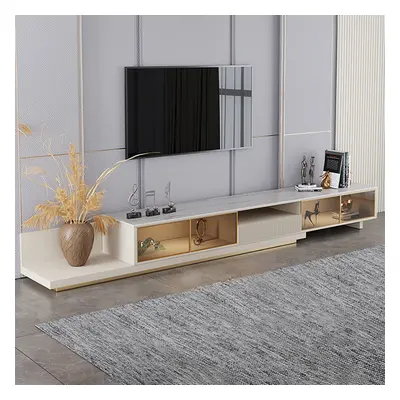 LED Light Extendable TV Stand Light Khaki Floor Media Console with Glass Door & Drawers